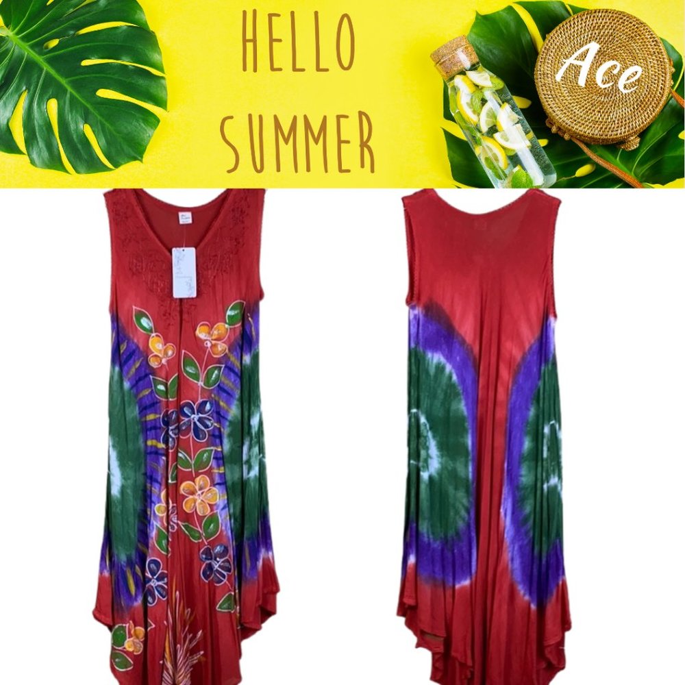 Ace Fashion - Boho Tie Dye Midi Sun Dress--Red